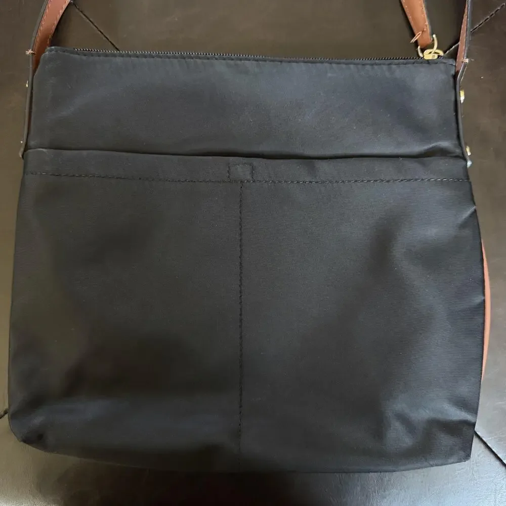 Calvin Klein Crossbody Bag Womens Medium Black Nylon Brown Trim Zip Pocket